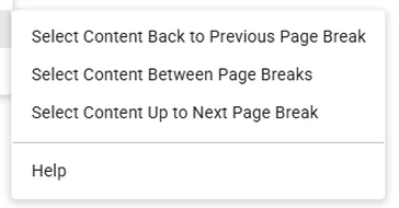 Google Docs' Page Break Tools submenu showing the three current selection commands